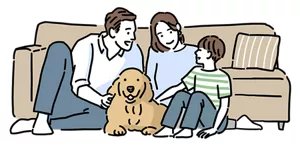 ソファの前で家族三人と犬が寛いでいるイラストイメージ
