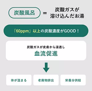 「炭酸風呂=炭酸ガスが溶け込んだお湯」の説明画像。60ppm以上の炭酸濃度がGOOD！炭酸ガスが皮膚から浸透し血流促進→体が温まる、老廃物排出、栄養分供給