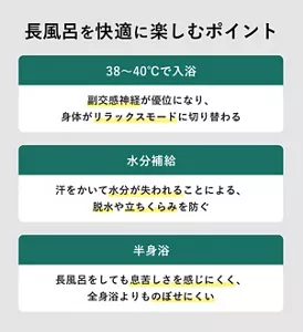 「長風呂を快適に楽しむポイント」の説明画像。38～40℃で入浴：副交感神経が優位になり、身体がリラックスモードに切り替わる / 水分補給：汗をかいて水分が失われることによる、脱水や立ちくらみを防ぐ / 半身浴：長風呂をしても息苦しさを感じにくく、全身浴よりものぼせにくい