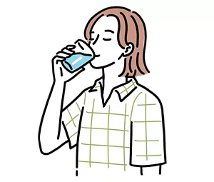 コップの水を飲んで水分補給をしている女性のイラストイメージ