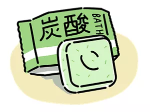 炭酸系入浴剤のパッケージと錠剤のイラストイメージ