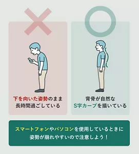 「スマートフォンやパソコンを使用しているときに姿勢が崩れやすいので注意しよう！」の説明画像。〇：下を向いた姿勢のまま長時間過ごしている / ✕：背骨が自然なS字カーブを描いている