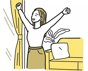リビングで背伸びをしている女性のイラストイメージ