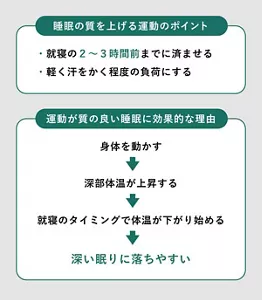 「睡眠の質を上げる運動のポイント」の説明画像。 / ・就寝の2～3時間前までに済ませる・軽く汗をかく程度の負荷にする / 運動が質の良い睡眠に効果的な理由：身体を動かす→深部体温が上昇する→就寝のタイミングで体温が下がり始める→深い眠りに落ちやすい