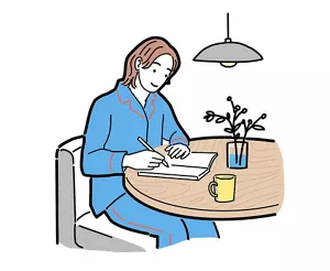 ノートに考えを書き出している女性のイラストイメージ