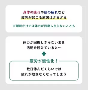 「身体の疲れや脳の疲れなど疲労が起こる原因はさまざま」の説明画像。※睡眠だけでは体力が回復しきらないことも / 体力が回復しきらないまま活動を続けていると…疲労が慢性化！数日休んだくらいでは疲れが取れなくなってしまう