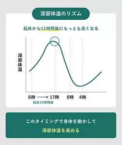 「深部体温のリズム」の説明画像。起床から11時間後にもっとも高くなる / このタイミングで身体を動かして深部体温を高める