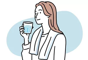 首にタオルをかけて水分補給をしている女性イラストイメージ