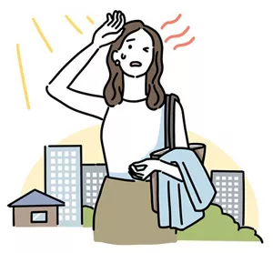 暑さで汗をかきながら頭を押さえている女性のイラストイメージ