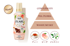 New！ ハミングフレア アールグレイ＆ピーチの香りのピラミッド画像。トップノート CITRUS/FRUITY。ミドルノート TEA/FLORAL。ラストノート WOODY/MUSKY。香り高いアールグレイにシトラスやフルーツのみずみずしさを重ねた、ふんわり清楚な香り ※香りのイメージ