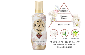 ハミング リラックス ムスクアロマの香りのピラミッド画像。トップノート pear,Bergamot。ミドルノート Muguet,Peony。ラストノート Musk,Woody。やわらかなムスクに、真っ白なミューゲや心地よいベルガモットを重ねたゆるっと癒される香り ※香りのイメージ