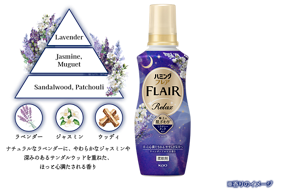 ハミングフレア リラックス ラベンダーアロマの香りのピラミッド画像。トップノート Lavender。ミドルノート Jasmine,Muguet。ラストノート Sandalwood,Patchouli。ナチュラルなラベンダーに、やわらかなジャスミンや深みのあるサンダルウッドを重ねた、ほっと心満たされる香り ※香りのイメージ