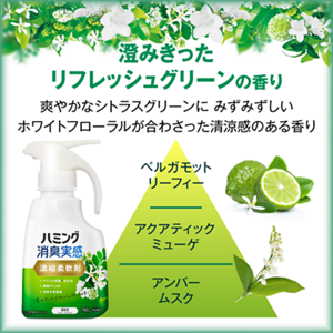 澄みきったリフレッシュグリーンの香りのピラミッド画像。爽やかなシトラスグリーンに みずみずしいホワイトフローラルが合わさった清涼感のある香り　トップノート ベルガモットリーフィー。ミドルノート アクアティックミューゲ。ラストノート アンバームスク。