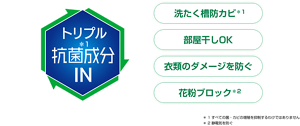 トリプル抗菌成分IN　洗たく槽防カビ 部屋干しOK 衣類のダメージを防ぐ 花粉ブロック　＊1 すべての菌・カビの増殖を抑制するわけではありません　＊2 静電気を防ぐ