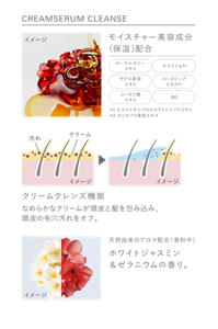 CREAMSERUM CLEANSE　モイスチャー美容成分（保湿）配合　ローヤルゼリーエキス　セラミドα＊1　ザクロ果実エキス　ローズヒップエキス＊2　ユーカリ葉エキス　BG　＊1 ビスメトキシプロピルアミドイソドコサン　＊2 カニナバラ果実エキス　クリームクレンズ機能　なめらかなクリームが頭皮と髪を包み込み、頭皮の毛穴汚れをオフ。　天然由来のアロマ配合（香料中）　ホワイトジャスミン＆ゼラニウムの香り。