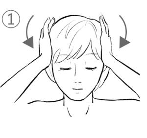 1. 耳上に手の平を当て、 側頭筋をほぐします。
