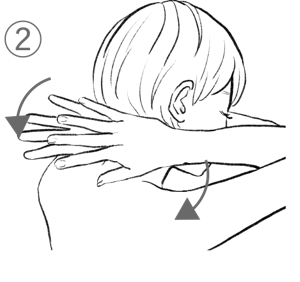 2. 耳の後ろ〜襟足付近に手のひらを当て、後頭部から首をほぐします。