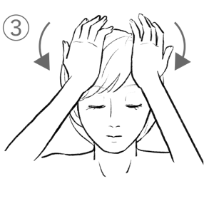 3. 額の生え際に手のひらを当て、前頭部をほぐします。