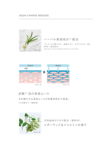 AQUA CHARGE MOUSSE　ハーバル美容成分＊1配合　＊1ユーカリ葉エキス、海藻エキス、セラミドα※、BG、DPG（保湿成分）　※ビスメトキシプロピルアミドイソドコサン　炭酸＊2泡の美容ムース　きめ細やかな美容ムースが角層深部まで浸透。　＊2炭酸ガス（噴射剤）　天然由来のアロマ配合（香料中）　シダーウッド＆ジャスミンの香り