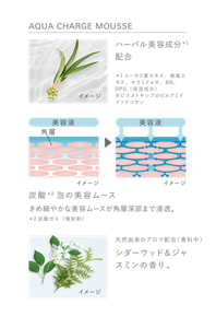 AQUA CHARGE MOUSSE　ハーバル美容成分＊1配合　＊1ユーカリ葉エキス、海藻エキス、セラミドα※、BG、DPG（保湿成分）　※ビスメトキシプロピルアミドイソドコサン　炭酸＊2泡の美容ムース　きめ細やかな美容ムースが角層深部まで浸透。　＊2炭酸ガス（噴射剤）　天然由来のアロマ配合（香料中）　シダーウッド＆ジャスミンの香り