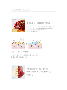 CREAMSERUM CLEANSE　モイスチャー美容成分*1配合　＊1 ローヤルゼリーエキス・セラミドα＊2・ザクロ果実エキス・ローズヒップエキス＊3・ユーカリ葉エキス・BG（保湿成分）　＊2 ビスメトキシプロピルアミドイソドコサン　＊3 カニナバラ果実エキス　クリームクレンズ機能　なめらかなクリームが頭皮と髪を包み込み、頭皮の毛穴汚れをオフ。　天然由来のアロマ配合（香料中）ホワイトジャスミン＆ゼラニウムの香り。