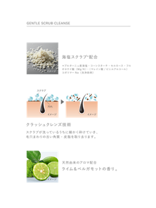 GENTLE SCRUB CLEANSE　海塩スクラブ＊配合　＊ブルターニュ産海塩・コーンスターチ・セルロース・フルオロケイ酸（Mg/K）・（マレイン酸/ビニルアルコール）コポリマーNa（洗浄助剤）　クラッシュクレンズ技術　スクラブが洗っているうちに細かく砕けていき、毛穴まわりの古い角質・皮脂を取り去ります。　天然由来のアロマ配合　ライム＆ベルガモットの香り。