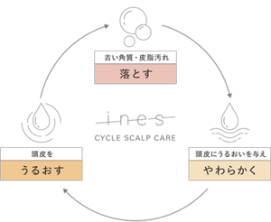 古い角質・皮脂汚れ落とす→頭皮にうるおいを与えやわらかく→頭皮をうるおす