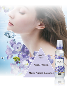 新香調ピュアフリージアの香りのピラミッド画像。トップノート Leafy,Pear　ミドルノート Aqua,Freesia　ラストノート Musk,Amber,Balsamic