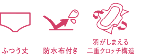 エレガント タイプの特長のイメージ。特長1、ふつう丈。特長2、防水布付き。特長3、羽がしまえる二重クロッチ構造。