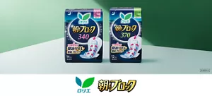 ロリエの生理用ナプキン、朝までブロックの商品ビジュアル。緑色の空間に商品が並んでいる。