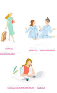 こんな夜におすすめ　旅行やお泊まりのとき、お気に入りの下着やパジャマを汚したくないとき、長時間ナプキンの交換ができないときのイメージ。