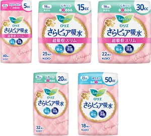 さらピュア吸水 超吸収スリム（5cc、15cc、30cc）、さらピュア吸水（20cc、50cc）の商品画像。さらピュア吸水の商品ページへ。
