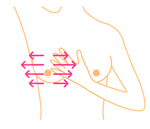 仰向けになって乳房にしこりがないかセルフチェックをしているイメージ。