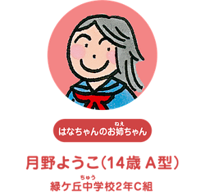 はなちゃんのお姉ちゃん：月野ようこ（14歳 A型） 緑ケ丘中学校 2年C組