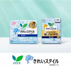 ロリエのおりものシート、きれいスタイルの商品ビジュアル。薄い緑色の空間に商品が佇んでいる。