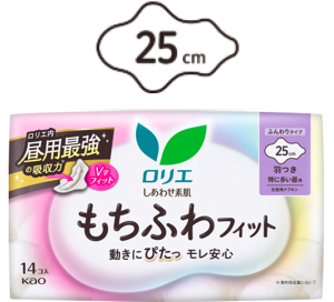 しあわせ素肌　もちふわフィット　特に多い昼用２５ｃｍ　羽つきの製品カタログページへ。