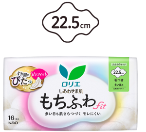 しあわせ素肌　もちふわfit　無香料　多い昼用２２.５ｃｍ　羽つきの製品カタログページへ。