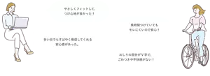 使った方の声、「やさしくフィットして、つけ心地が良かった！」「長時間つけていてもモレにくいので安心！」「多い日でもすばやく吸収してくれる安心感があった。」「おしりの部分がV字で、ごわつきや不快感がない！」