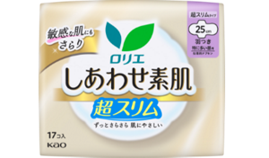 しあわせ素肌　通気超スリム　特に多い昼用２５ｃｍ　羽つきの製品カタログページへ。