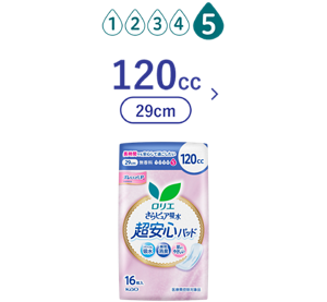 吸水レベル5のイメージ。　さらピュア吸水　超安心パッド　１２０ｃｃ（29cm）の製品カタログのページへ。​