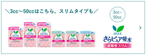 3cc～50ccはこちら、スリムタイプも さらピュア吸水超吸収スリム ３ｃｃ～５０ｃｃの商品ページへ。​