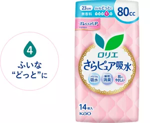 吸水レベル4　ふいな“どっと”にのイメージ。 さらピュア吸水　８０ｃｃ　23㎝　無香料　の製品カタログページへ。