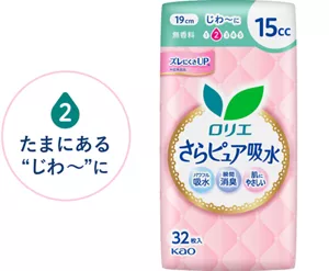 吸水レベル2　たまにある“じわ～”にのイメージ。　さらピュア吸水　１５ｃｃ 19cm 無香料 の製品カタログページへ。
