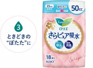 吸水レベル3　ときどきの“ぽたた”にのイメージ。 さらピュア吸水　５０ｃｃ　23㎝　無香料　の製品カタログページへ。