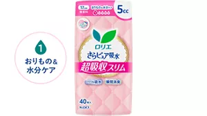 吸水レベル1　おりもの＆水分ケアのイメージ。 さらピュア吸水　超吸収スリム　5cc　17cmの製品カタログのページへ。