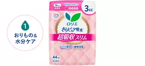 吸水レベル1　おりもの＆水分ケアのイメージ。　さらピュア吸水　超吸収スリム　3ｃｃ 14cm 無香料 の製品カタログページへ。