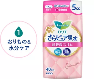 吸水レベル1　おりもの＆水分ケアのイメージ。 さらピュア吸水　超吸収スリム　5cc　17cmの製品カタログのページへ。