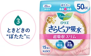 吸水レベル3　ときどきの“ぽたた”にのイメージ。 さらピュア吸水　超吸収スリム　50cc　23cmの製品カタログのページへ。