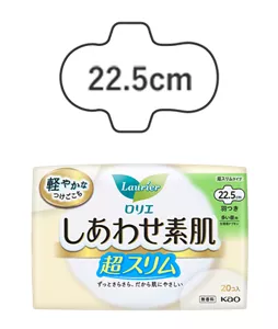 ロリエ　しあわせ素肌　通気超スリム多い昼用２２．５ｃｍ　羽つきの製品カタログページへ。