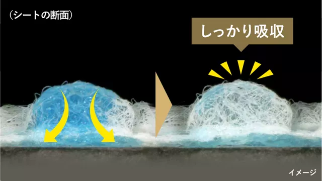 瞬間的に水分を吸収するイメージ。シートの断面に溜まった水分がしっかり吸収される。
